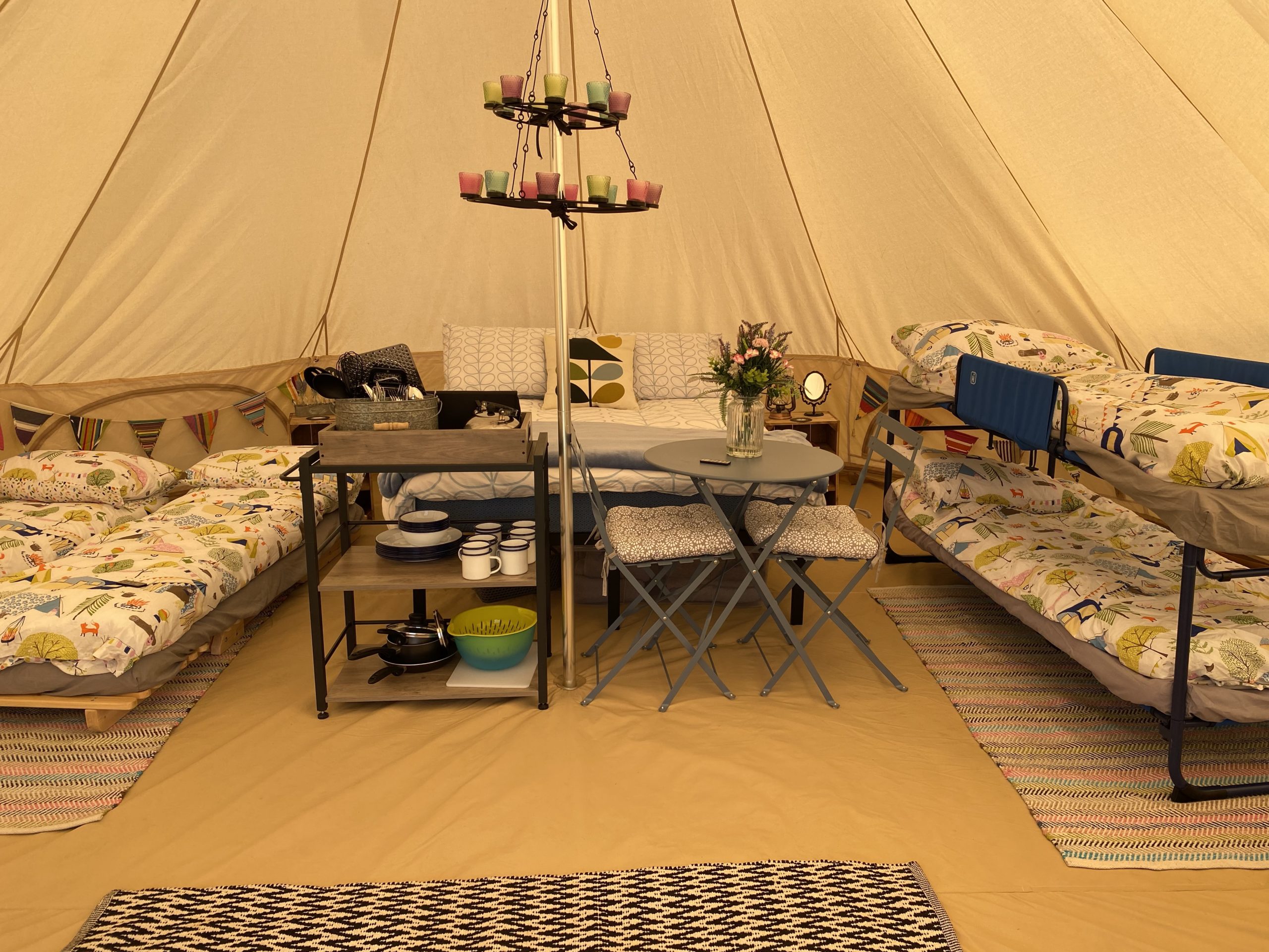 6m bell tent set up with children's camp bunk bed - sleeps 6